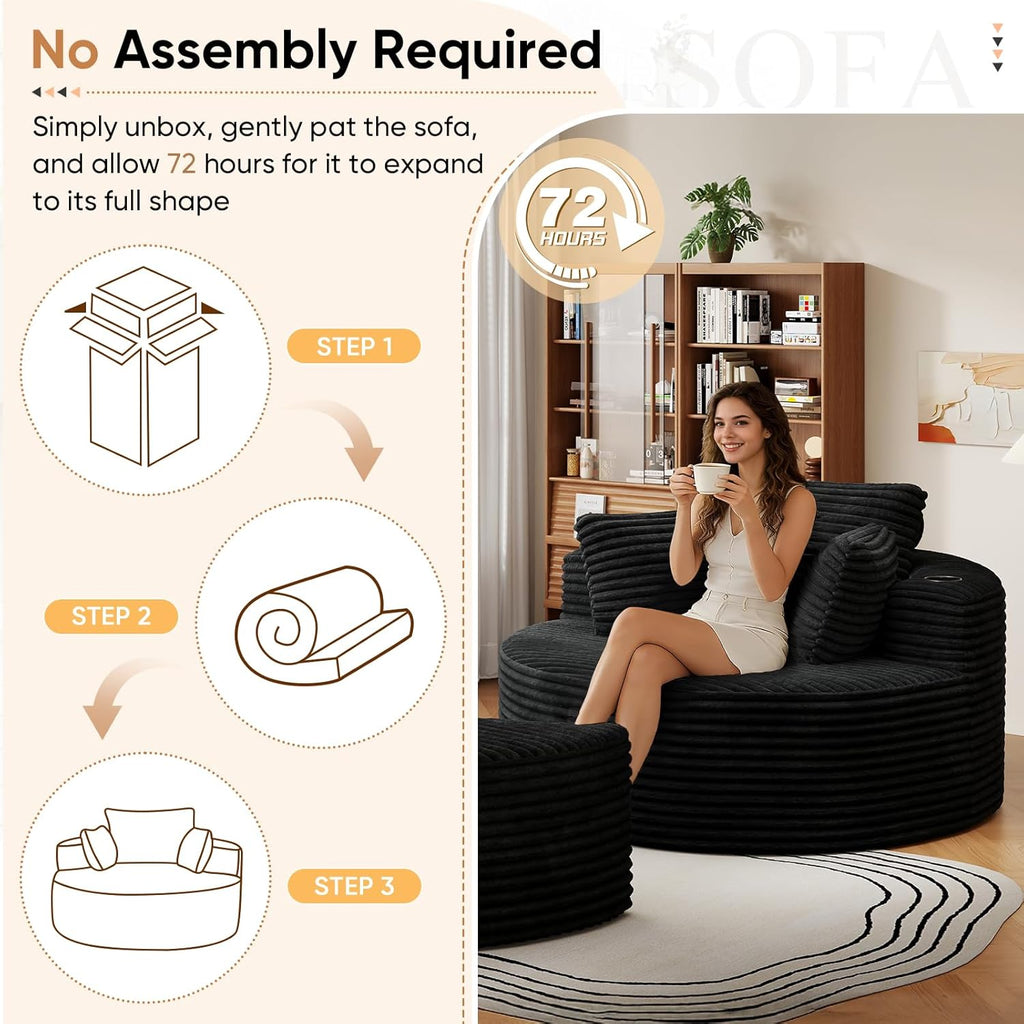 Oversized Round Chaise Longue Chair with Ottoman, Modern Corduroy Deep Seat Circle Single Cloud Floor Accent Chair w/Cup Holders for Living Room, Bedroom Apartment, 55" W * 74.6" D, Black