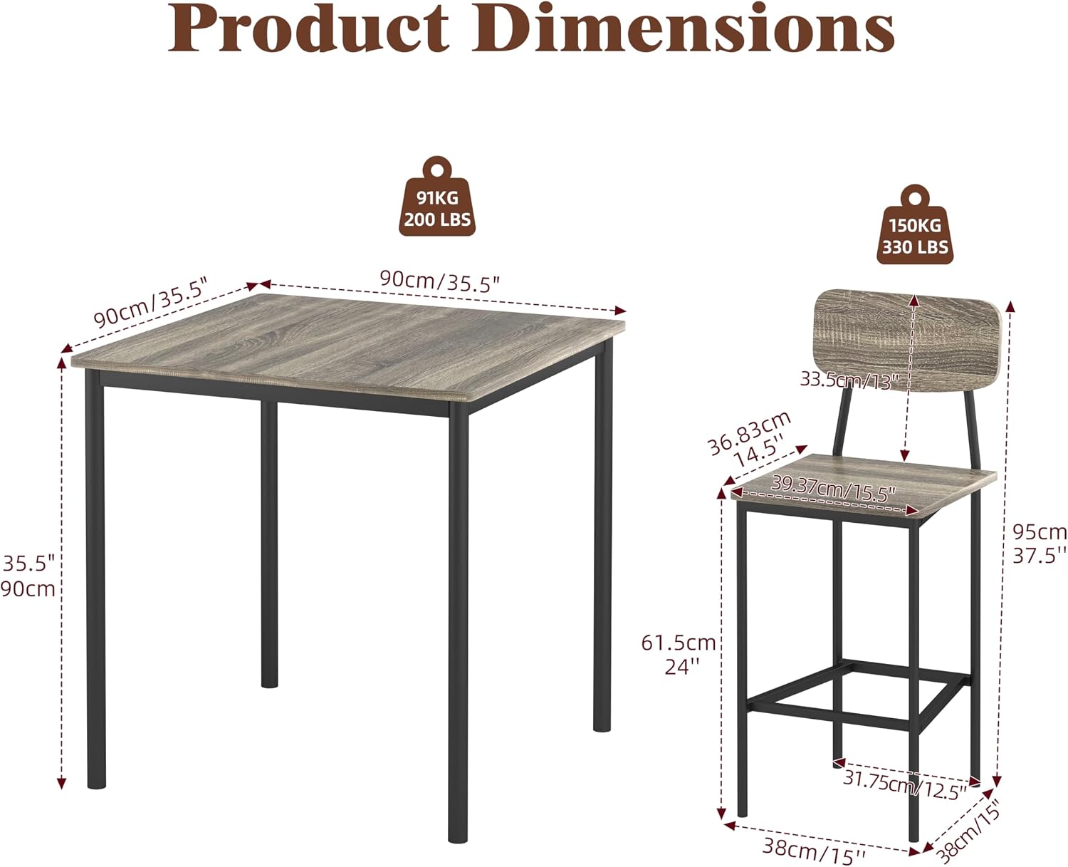 Kitchen Table and Chairs of 4, 5 Piece Dining Table Set | Sturdy Industrial Space Saving Dinette Set for Pub, Family Dinners, Apartment, Gray