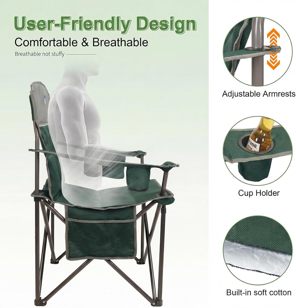 Oversized Camping Chairs 2 Pack - Heavy Duty 400LBS Padded Lawn Chair with Cooler Bag,Cup Holder,Side Pocket,Collapsible for Outdoor,Camp,Fishing & Garden,Dark Green