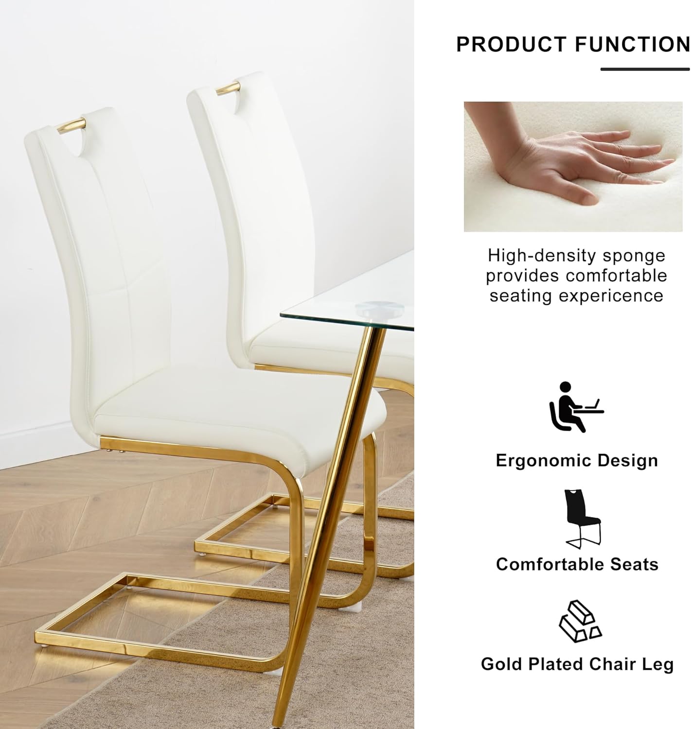 yeag Modern Rectangular Glass Dining Table Set for 4, 47" Clear Tempered Glass Kitchen Table with Gold Metal Legs & 4 White PU Faux Leather Upholstered Dining Chairs for Home, Dining Room, Office
