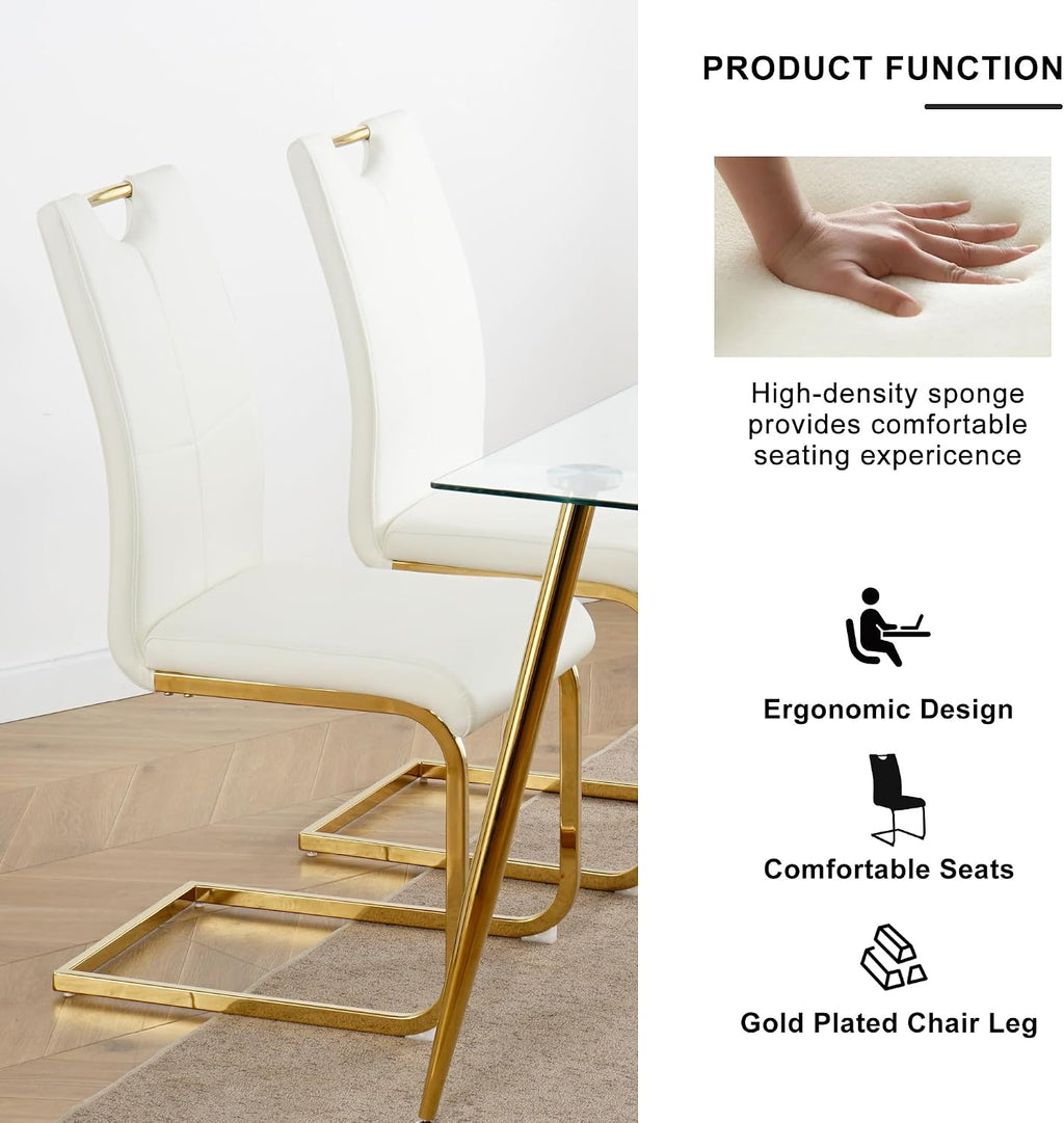 5-Piece Dining Room Table Set, Modern 36" Round Gold Glass Dining Table Set for 4, Kitchen and Dining Table Set with 4 White PU Leather Dining Chairs for Dining Room Kitchen