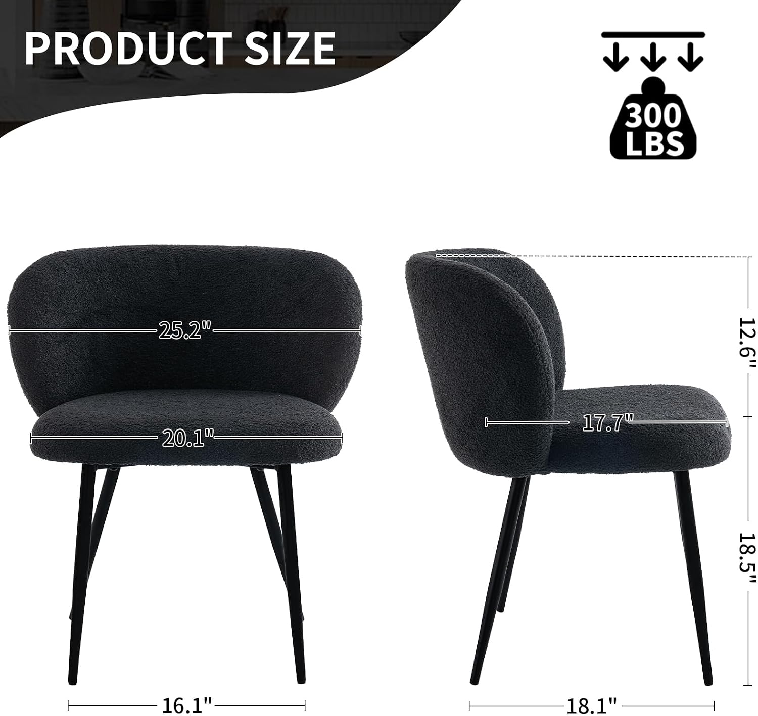 Modern Teddy Dining Chairs Set of 4, Comfy Kitchen Armless Chairs with Thick Cushions, Wingback Chair, Upholstered Dining Room Chairs with Metal Legs for Dining Room, Living, Black