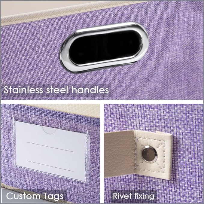 PRANDOM Large Foldable Storage Bins with Lids [3-Pack] linen Fabric Decorative Storage Boxes Organizer Containers Baskets Cube with Handles Divider for Bedroom Closet Purple&Cream(17.7x11.8x11.8)
