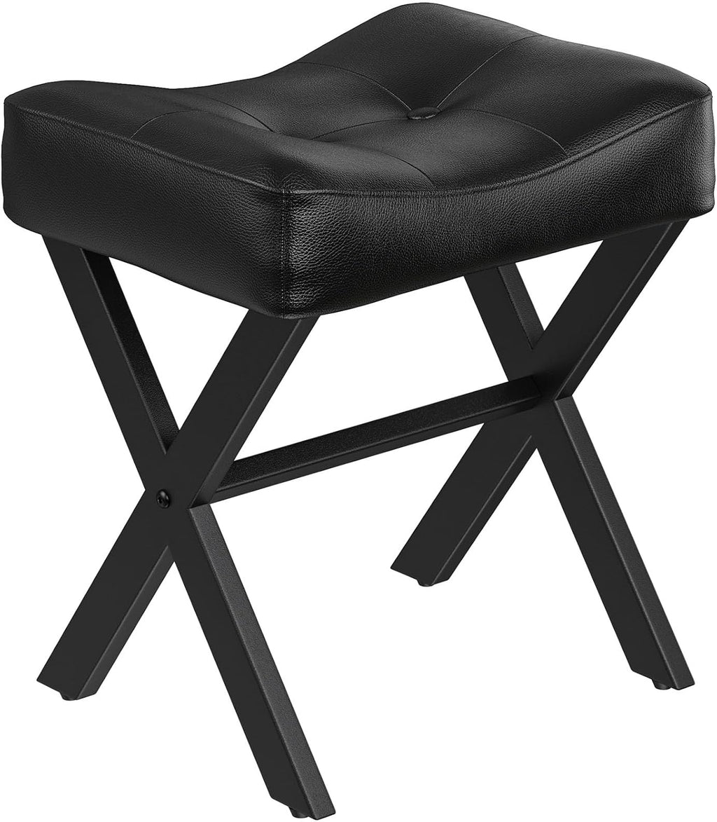 Memobarco 18-Inch Leather Vanity Stool Chair, Vanity Bench with Metal X-Leg, Ottoman Accent Stool with Thick Padded Saddle Seat, Black