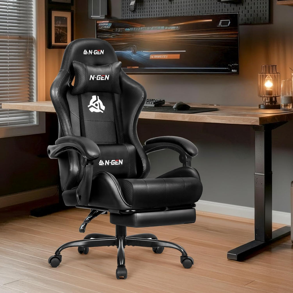 N-GEN GAMING Gaming Chair with Footrest, Lumbar, High-Back, Carbon Black | Reclining Backrest, Linkage Armrests, Durable PU Leather, Adjustable Comfort for Extended Computer, Desk, or Home Office Use