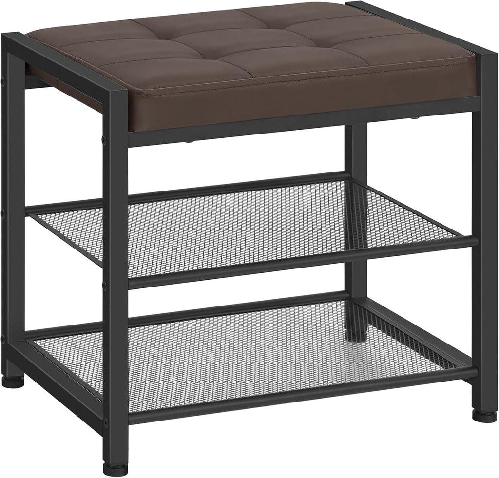 HOOBRO Small Shoe Bench, 3-Tier Shoe Rack, Shoe Storage Bench with PU Seat Cushion, Entryway Shoe Rack Bench with Metal Mesh Shelves, Freestanding Shoe Organizer for Hallway, Brown CB33HX01