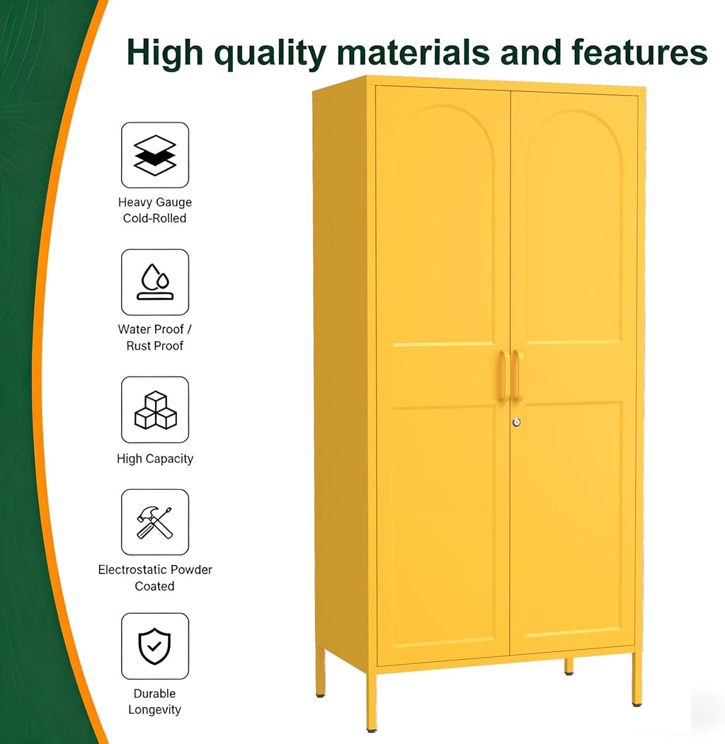 67 Inch Lockable Yellow Steel Wardrobe Storage Cabinet, Freestanding Metal Armoire Locker with Hanging Rod and Adjustable Shelves, Heavy Duty Clothing Storage Locker for Bedroom Apartment Home Use