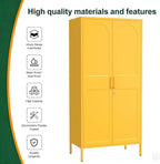 67 Inch Lockable Yellow Steel Wardrobe Storage Cabinet, Freestanding Metal Armoire Locker with Hanging Rod and Adjustable Shelves, Heavy Duty Clothing Storage Locker for Bedroom Apartment Home Use