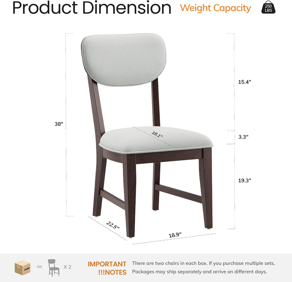 COLAMY Solid Wood Dining Chairs Set of 6, Mid Century Modern Upholstered Kitchen Chairs with 3.3" Thick Cushion, Farmhouse Dining Room Chairs with Level Legs & Wire-Brushed Finish, Brown