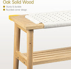 Solid Wood Narrow Bench with Storage, 33.46" Woven Bench for Entryway and Hallway, End of Bed Bench with Oak Frame, Boho Accent Bench (Natural Beige)