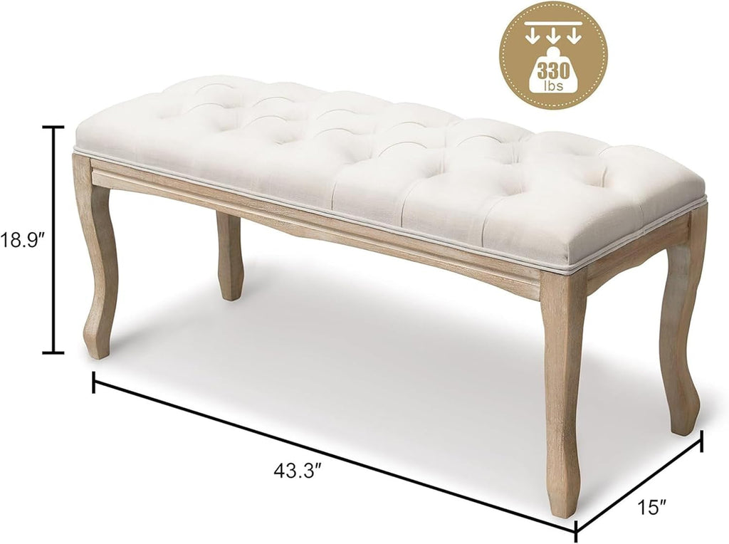 GDFStudio 43.3" French Country Bedroom Bench, Tufted Upholstered End of Bed Bench with Carved Rubber Wood Legs, Vintage Linen Entryway Bench Seat for Living Room, Foyer, Dining Room, Beige