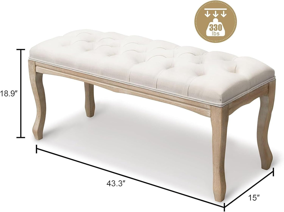GDFStudio 43.3" French Country Bedroom Bench, Tufted Upholstered End of Bed Bench with Carved Rubber Wood Legs, Vintage Linen Entryway Bench Seat for Living Room, Foyer, Dining Room, Beige