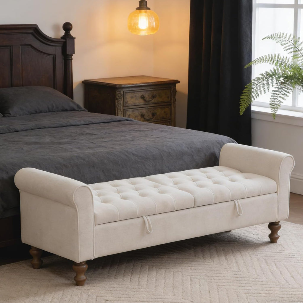 Chifee & Vingol 65" Storage Ottoman Bench Upholstered End of Bed Bench Modern Entryway Benches Double Openings Window Benches for Bedroom Living Room Entryway,Beige
