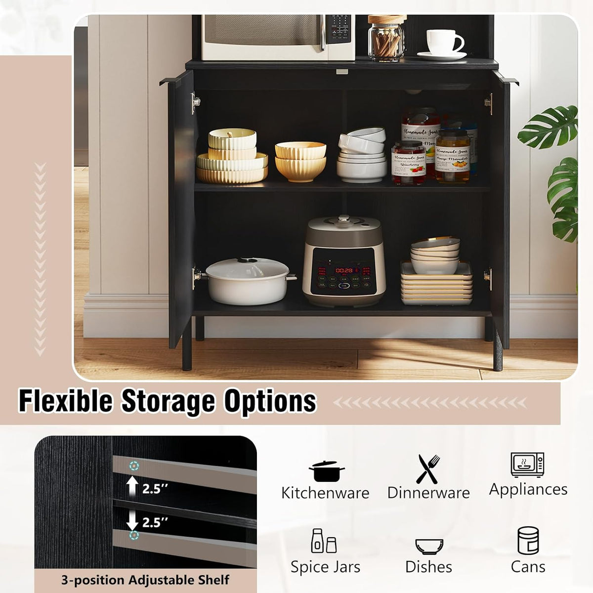 LOKO 64.5” Tall Kitchen Pantry Cabinet, Buffet Sideboard with Charging Station, Modern Wine Bar Cabinet with Wine Glass Rack, Kitchen Hutch Cupboard for Dining Room, Living Room (Black)