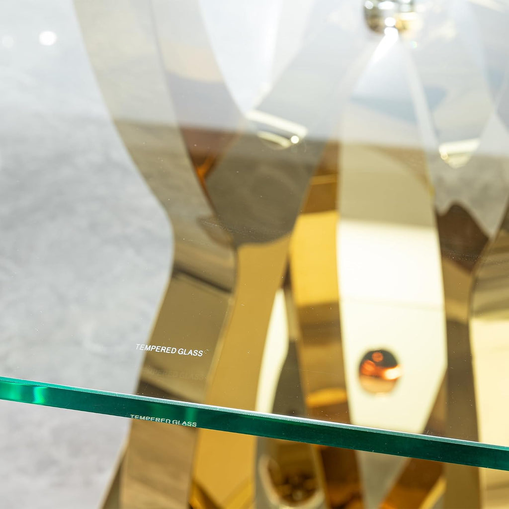68.9" Rectangle Glass Dining Table for 6 People, Modern Luxury Kitchen Table with Tempered Glass Top, Gold Stainless Steel Curved Base with Crystal Decoration