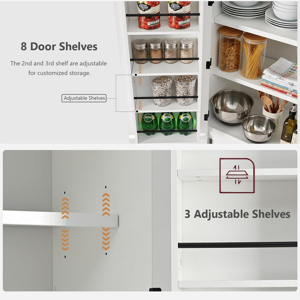 72" Tall Pantry Cabinet with 8 Door Shelves, 250lb Heavy Duty Storage Cupboard with Drawer, Modern Farmhouse Organizer for Office & Dining, White