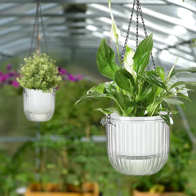 Maxcheck 4 Pcs Self Watering Hanging Planters Indoor Gift 6.5'' 4.5'' Hanging Flower Pots Baskets Outdoor Self Watering Plant with 3hooks Drainage Holes for Home(Clear)