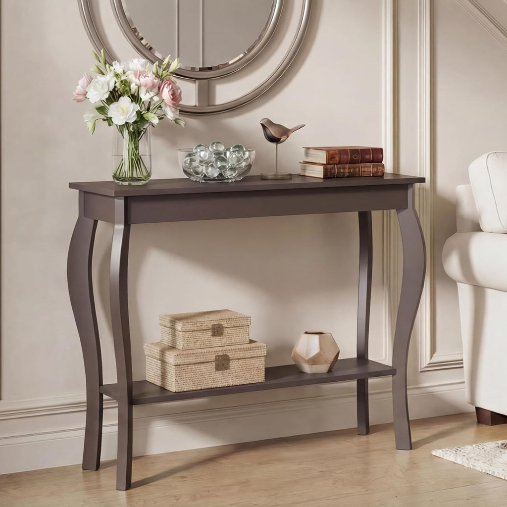 ChooChoo 39" Narrow Entryway Table with Storage Shelf, Espresso | Console Table with Curved Legs, Chic Accent Sofa Table with Shelves for Entryway, Living Room, Hallway