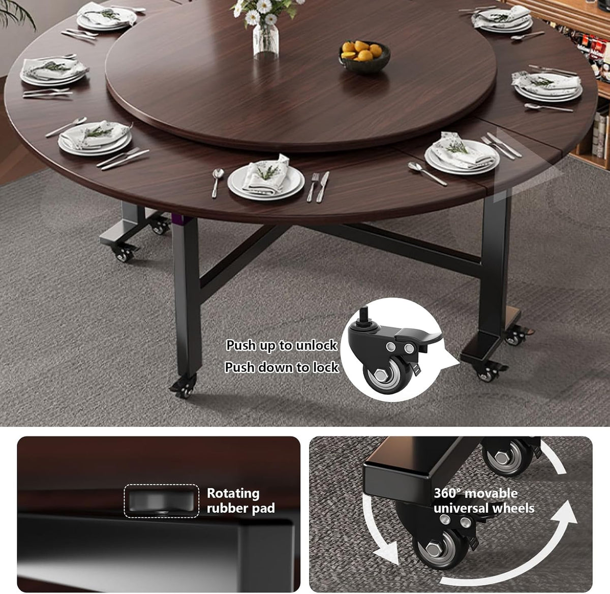 Round Drop Leaf Kitchen Dining Table with Wheels,Extendable Butterfly Table with Universal Wheels, Flip-Top Dinner Tables for Small Spaces(Gray,100cm/39.3in)