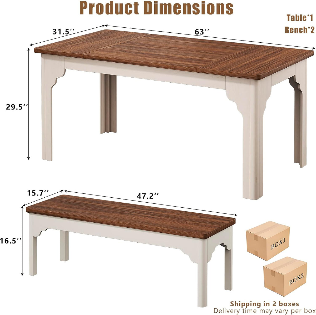 HUAHUU 63" Farmhouse Dining Table Set for 4-6, Kitchen Table with 2 Benches, Space Saving 3-Piece Rectangle Wooden Dinette Table Set for Dining Room, Breakfast Nook, Small Space, Brown & White