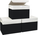 Large 17" 42 Quarts Collapsible Stackable Storage Bins with Lids [3-Pack] Foldable Fabric Linen Storage Boxes Cube, Closet Organizer Baskets with Label for Home (16.7 x 12 x 12", Black & White)