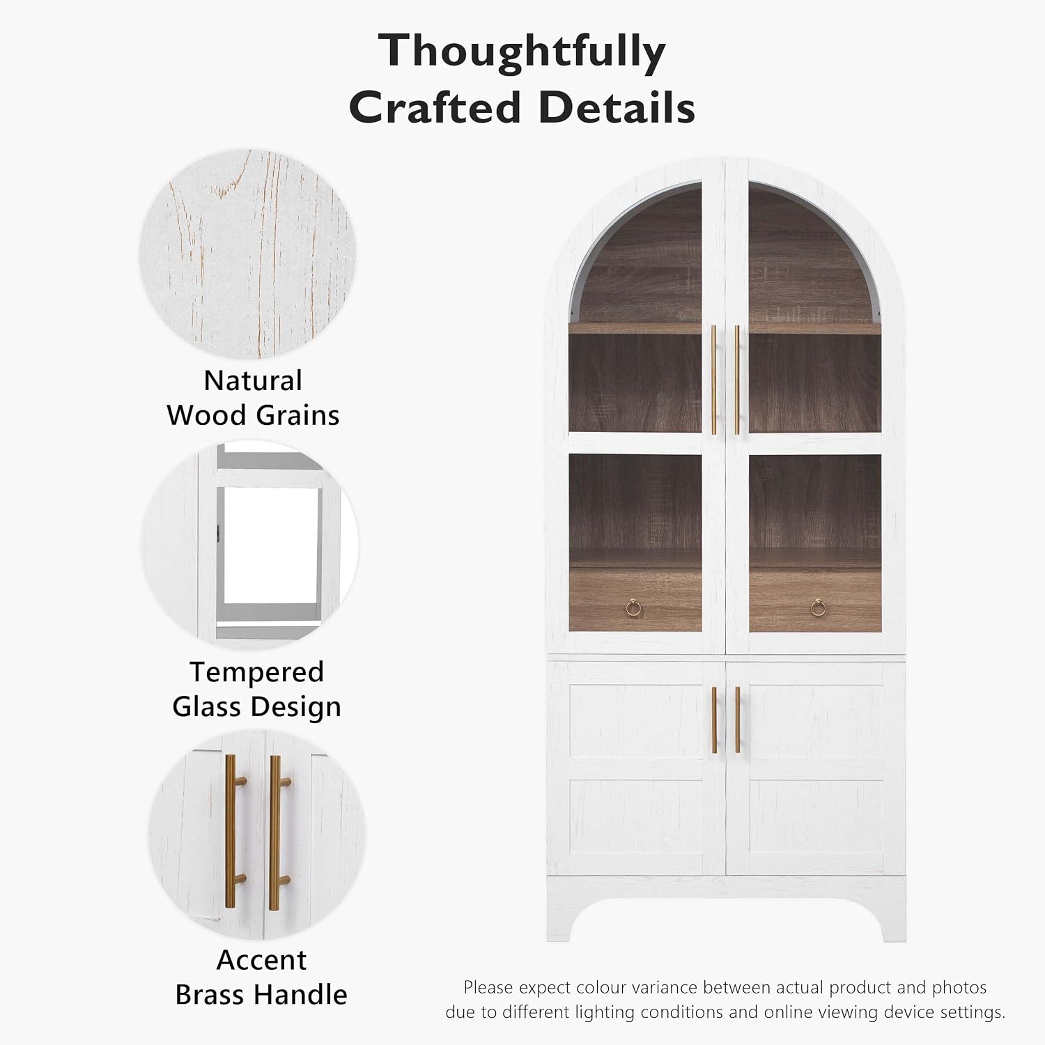 71" Tall Arched Cabinet with Glass Doors, Farmhouse Kitchen Storage Cabinet with Hidden Drawer and Adjustable Shelves, Hutch Cabinets for Dining Room, Bathroom (White)