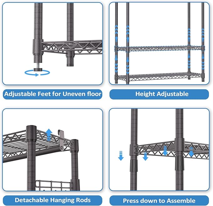 IZEUK Heavy Duty Garment Rack, Freestanding Clothing Rack for Hanging Clothes with 1 Rod, 3 Tiers & Side Hooks, Adjustable Metal Wardrobe Closet Organizer, 45.3" W x 15.7" D x 72.4" H, Dark Grey