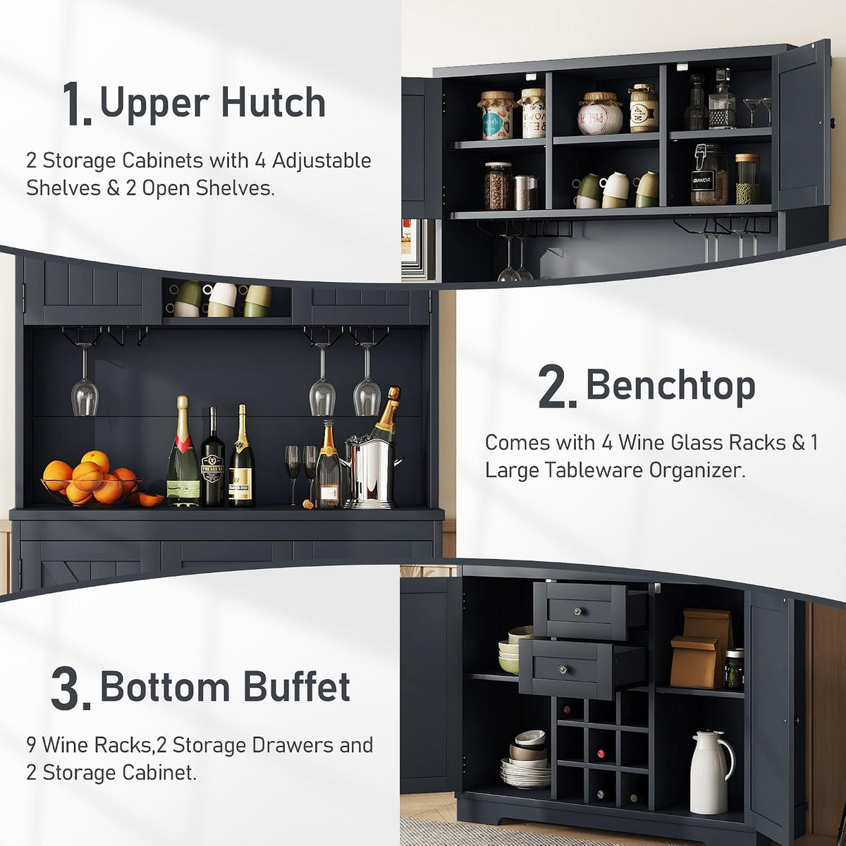 Merax 73.8" Kitchen Pantry Storage Cabinet, Freestanding Larder Cupboard, Kitchen Hutch Cabinet with Drawers Shelves and Cabinets, Buffet Cabinet Wine & Glass Racks for Dining Room, Living Room, Blue