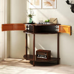 Entryway Table, Artisan-Crafted Half Moon Fluted Console Tables with 2 Rattan Storage,Small Half Circle Tables for Hallway, Narrow Round Accent Decort Table for Living Room (Brown)