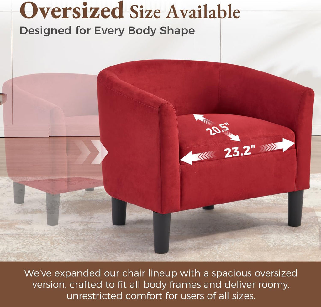 INZOY Oversized Accent Chair with Ottoman, 23.2" W Oversized Club Chair with Ottoman Set, Comfy Fabric Barrel Reading Chairs for Living Room Bedroom, Round Reading Chair with Foot Rest, Red