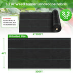 Rintea Weed Barrier Fabric, 4 x 300 ft, 3.2 oz Landscape Fabric