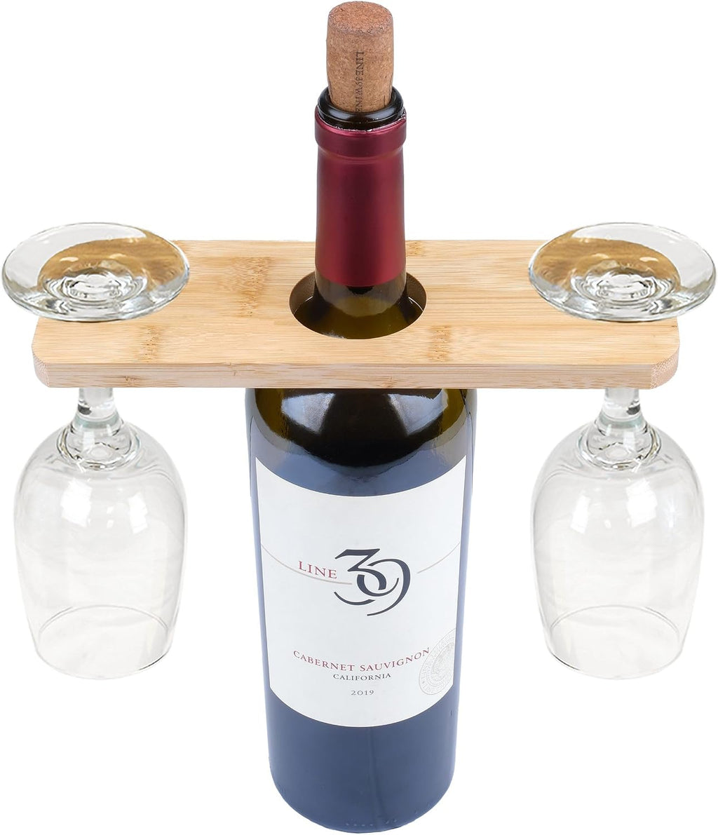 BambooVast- Wine Glass Holder and Bottle Stand, Bamboo Wine Butler with 2 Glass Slots, Countertop Wine Rack Display Caddy for Home Bar, Kitchen, and Dining Room Decor