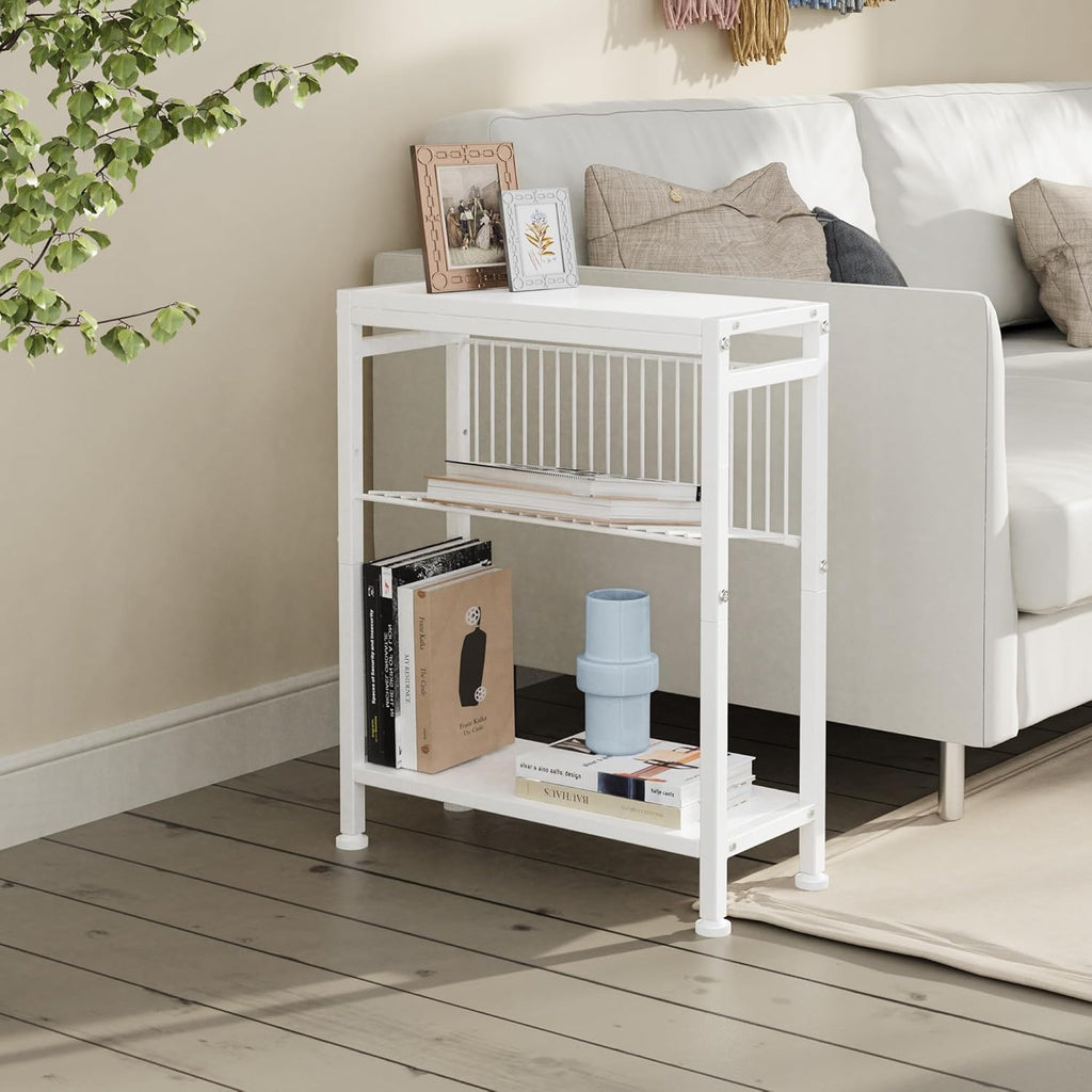 Side Table for Small Spaces, Narrow End Table with Magazine Holder, 2 in 1 Design Slim Side Table, Skinny Nightstand for Living Room Bedroom, Thin Side Magazine Table, White