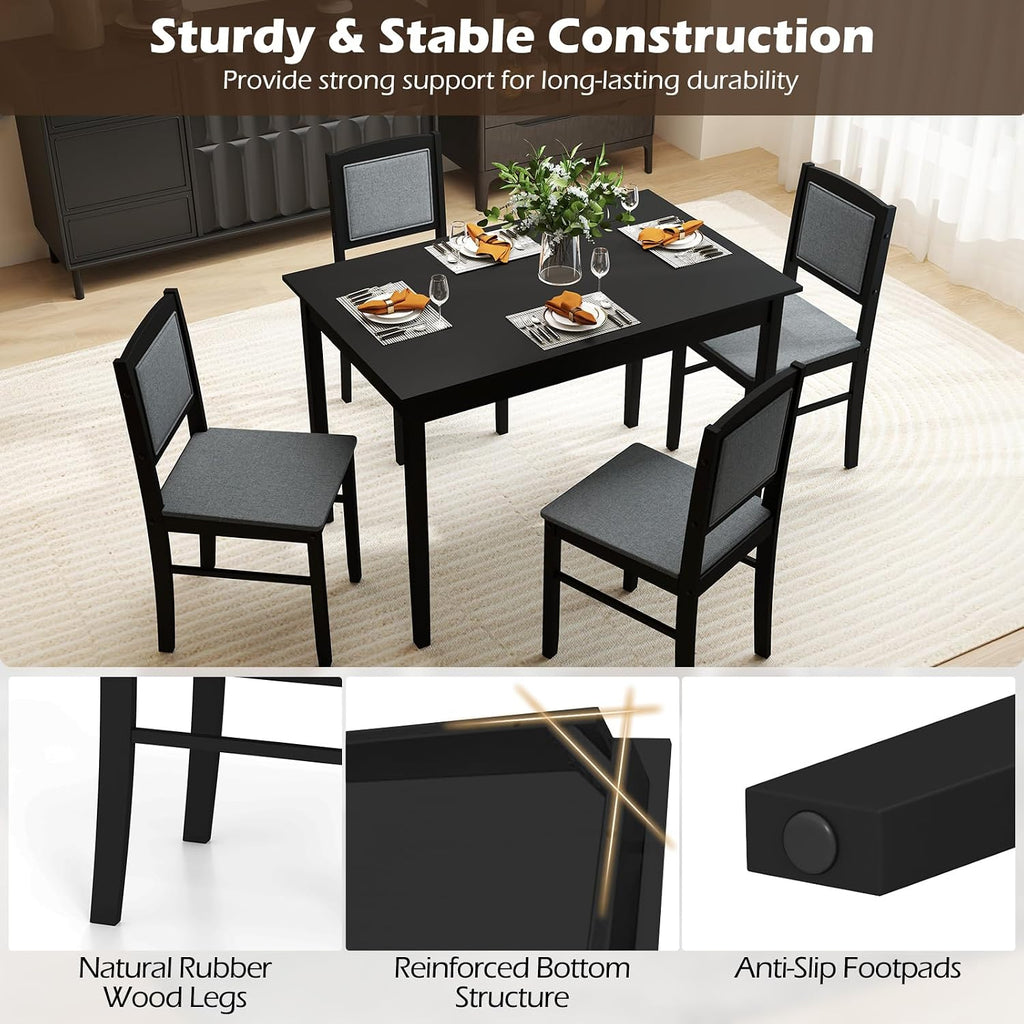 Giantex 5-Piece Dining Table Set for 4, Wooden Kitchen Table and Chairs with Solid Rubber Wood Legs, Padded Seat & Backrest, Space Saving Dinette Set for Home Dining Living Room, Breakfast Nook