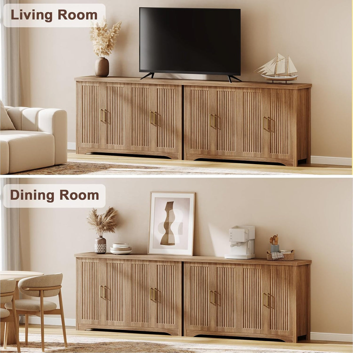 Memobarco Fluted Buffet Cabinet with Storage Accent Sideboard,Modern Credenza with 4 Doors & Adjustable Shelves,Wood Coffee Bar Table Console for Dining Room Kitchen Living Room Entryway,Natural Oak