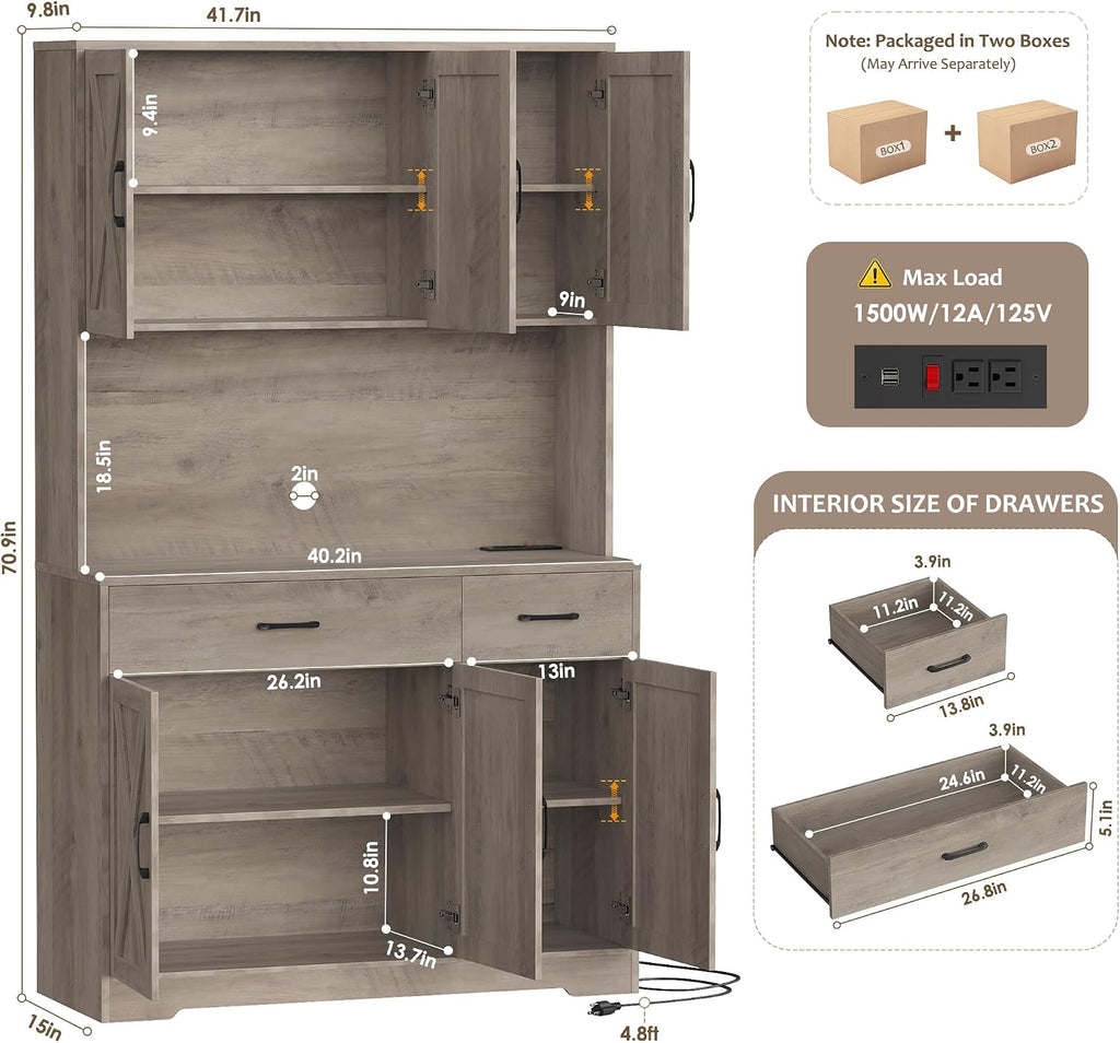 HOSTACK 71" H Kitchen Pantry Storage Cabinet, Farmhouse Hutch Cabinet, Grey | Space-Saving Pantry Cabinet with Charging Station & 2 Large Drawers & Adjustable Shelves, Tall Kitchen Hutch, Dining Room