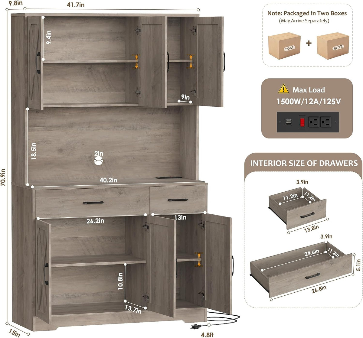 HOSTACK 71" H Kitchen Pantry Storage Cabinet, Farmhouse Hutch Cabinet, Grey | Space-Saving Pantry Cabinet with Charging Station & 2 Large Drawers & Adjustable Shelves, Tall Kitchen Hutch, Dining Room
