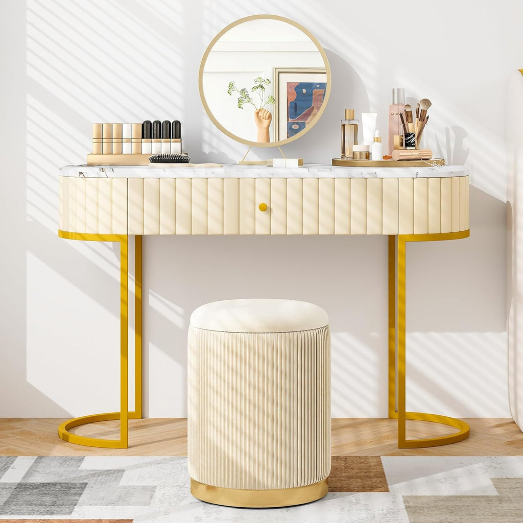 GIANTEX Ottoman with Storage, 1 Large & 1 Small Nesting Ottoman Side Table | Set of 2 Storage Ottomans, Upholstered Velvet/Linen Round Foot Rest Vanity Stool for Bedroom Living Room, Beige & Golden