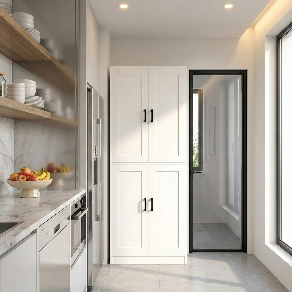 DIYART 71" Tall Kitchen Pantry Cabinet, Freestanding Food Storage Organizer with Doors & Adjustable Shelves, Large Utility Hutch Cupboard for Dining Room, Kitchen & Home Office, White
