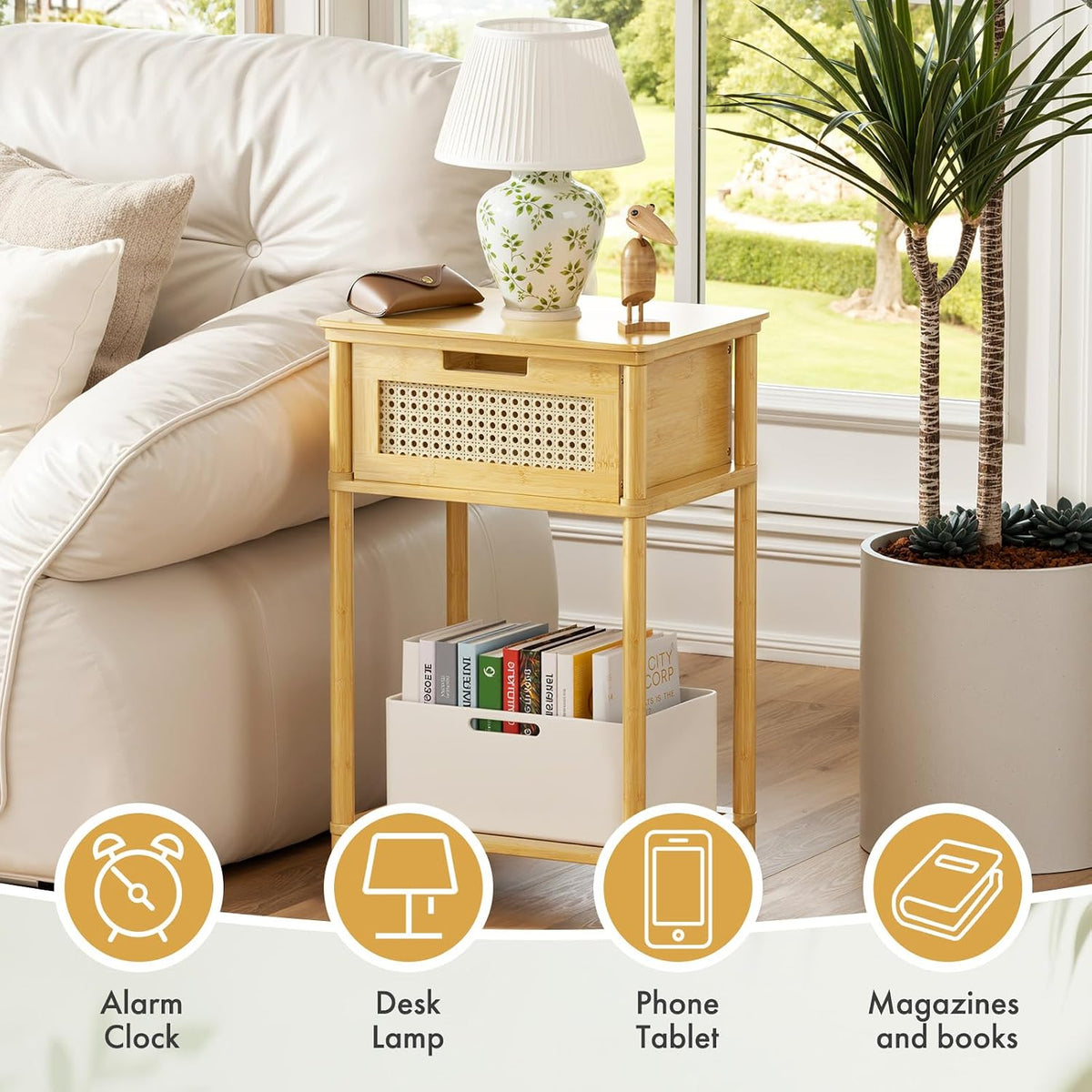 Bamboo Nightstand, Boho Side Table with Drawer and Open Shelf, 3 Tier End Table, Bedside Table, Accent Table, Small Dresser for Bedroom, Dorm and Small Spaces, Natural
