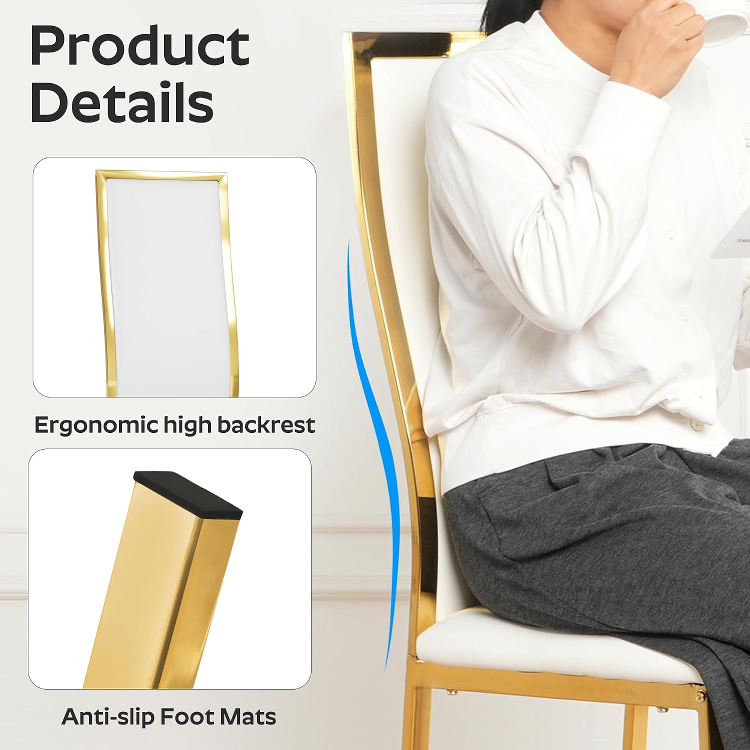 Modern Dining Chairs Set of 4 White Faux Leather with Chrome Gold Metal Legs, Curved High Back Design & Cloud Cushioning, Mid-Century Kitchen Chairs with Non-Slip Feet (Easy Assembly)