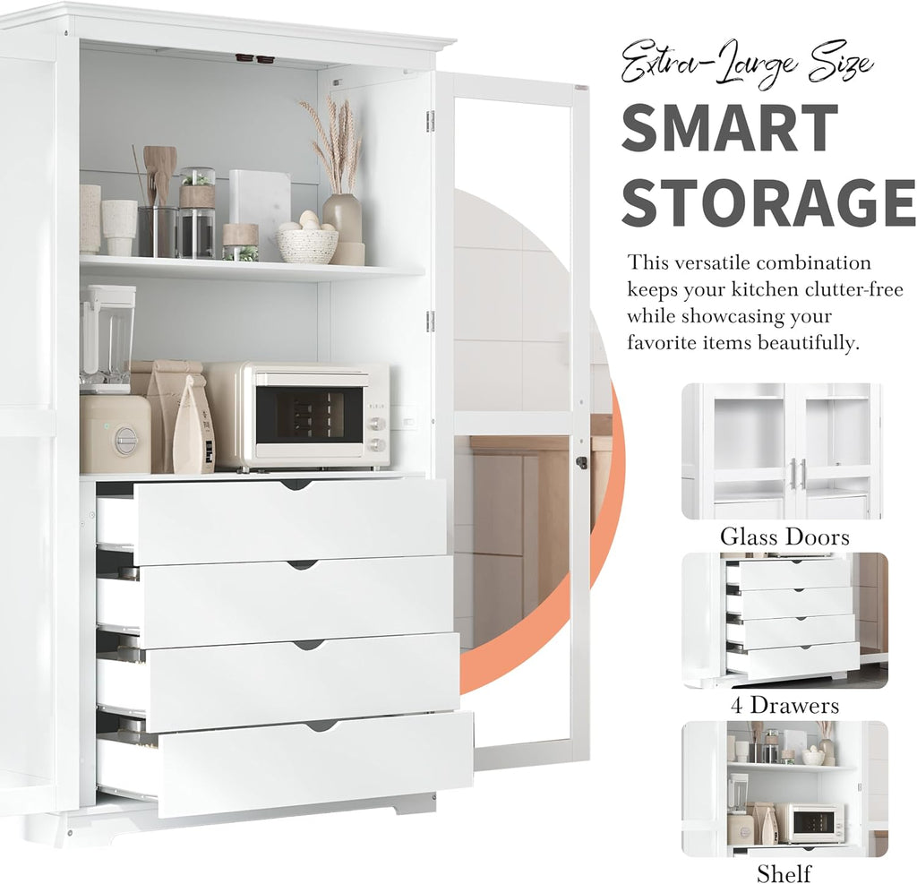 roomfitters 75" Kitchen Pantry, Freestanding Storage Cabinet Display Cabinet with Glass Doors and 4 Drawers, White