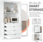 roomfitters 75" Kitchen Pantry, Freestanding Storage Cabinet Display Cabinet with Glass Doors and 4 Drawers, White