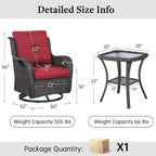 Outdoor Swivel Rocker Patio Chairs with Side Table 3 Pieces PE Wicker Patio Furniture Set for Porch Deck Balcony Garden-Brown/Red