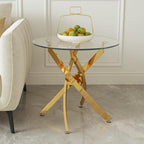 Round Glass End Table with Clear Tempered Glass Top & Cross Stainless Steel Legs, Modern 23.6" Circle Side Table for Living Room, Bedroom, Apartment, Easy to Clean, Gold