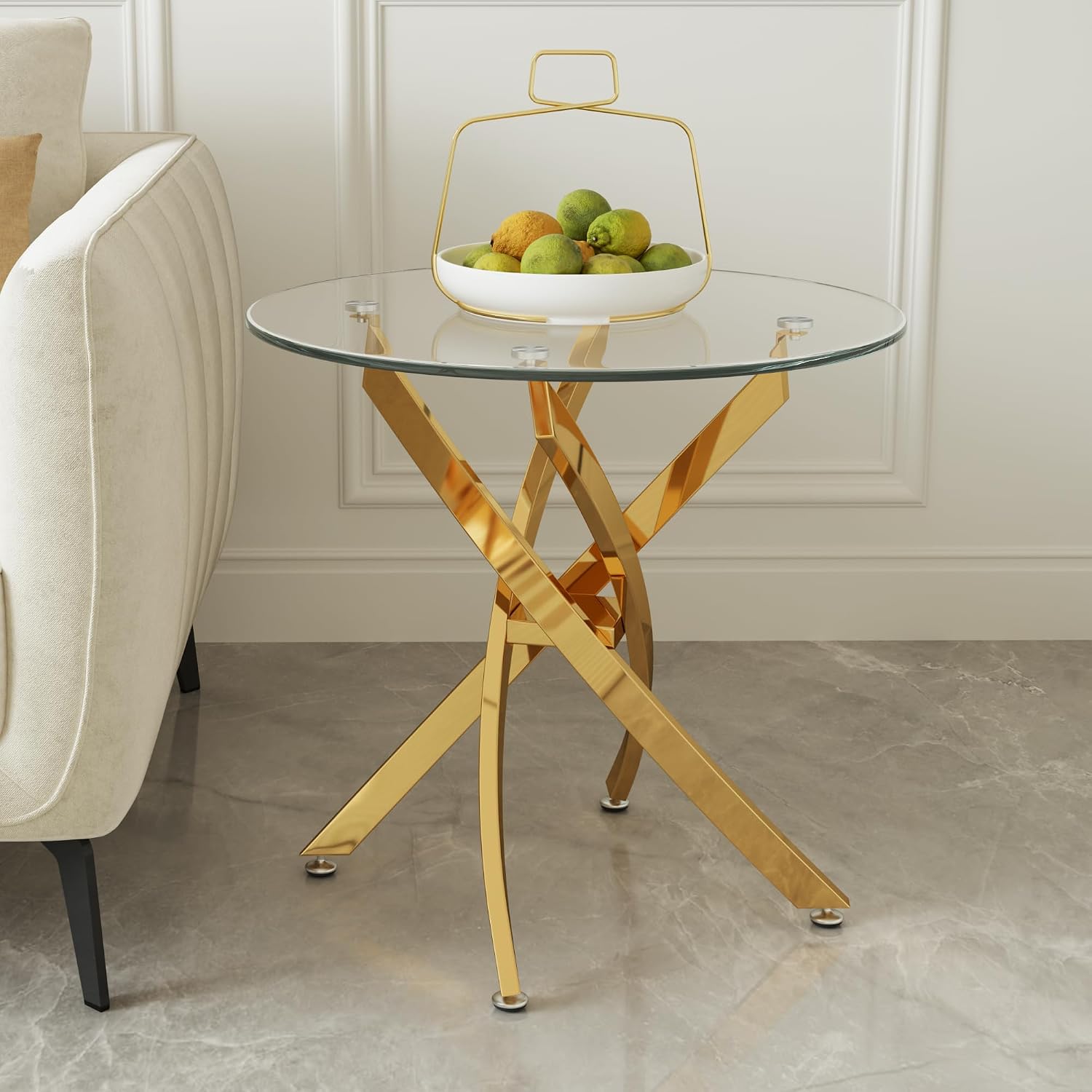 Round Glass End Table with Clear Tempered Glass Top & Cross Stainless Steel Legs, Modern 23.6" Circle Side Table for Living Room, Bedroom, Apartment, Easy to Clean, Gold
