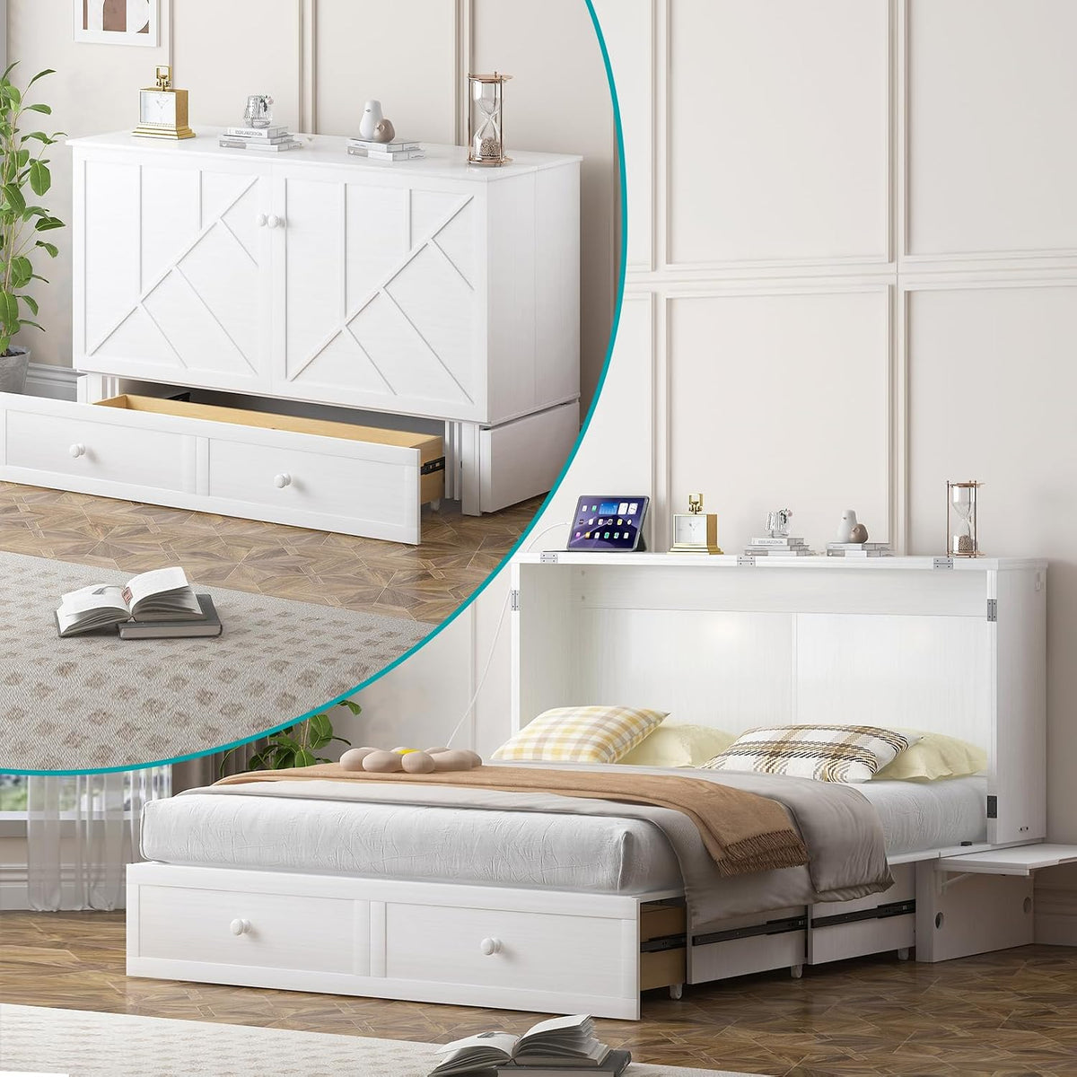 BALUS Queen Murphy Bed, Murphy Cabinet Bed with 2 Storage Drawers &USB Charging Station, Space-Saving Murphy Beds for Living Room/Bedroom, White