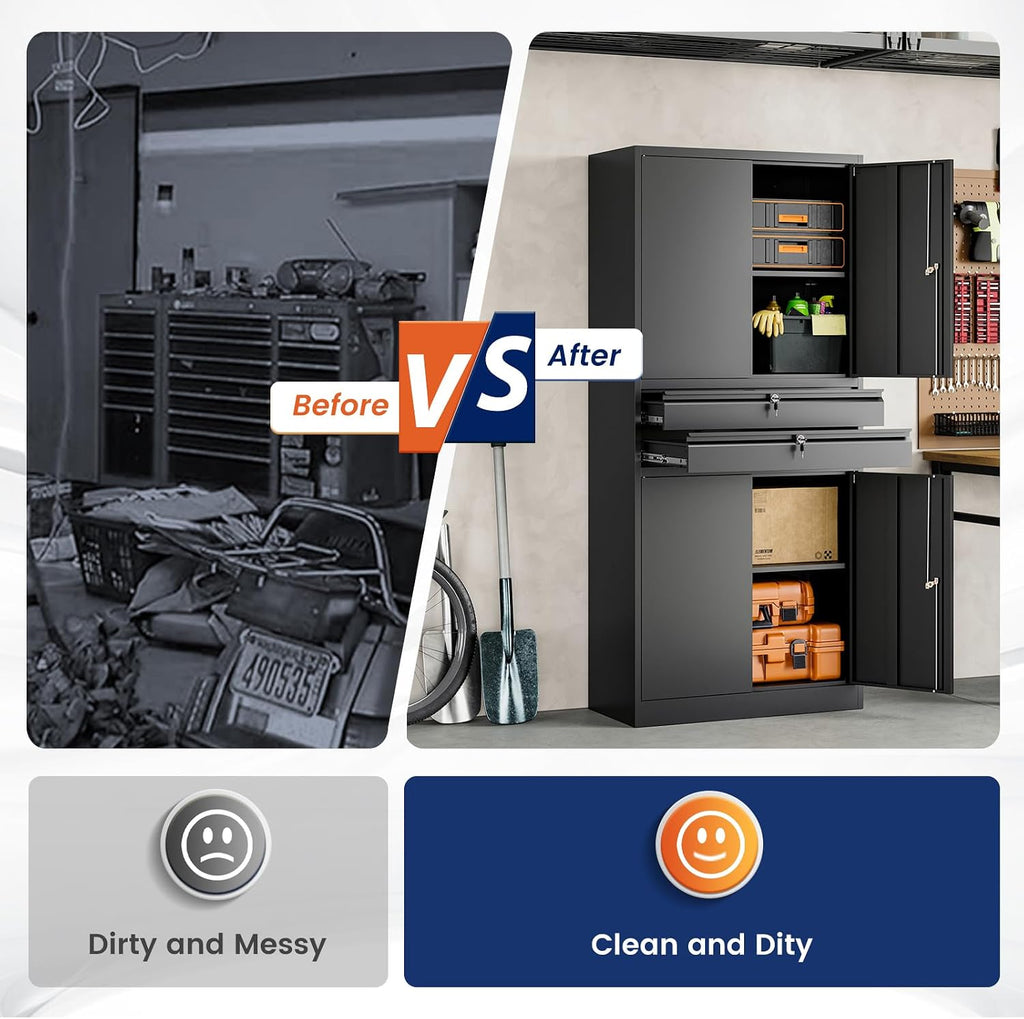 Yizosh Metal Garage Storage Cabinet with Locking Doors and Adjustable Shelves, 71" Tool Storage Cabinet with 2 Drawer for Garage,Warehouse