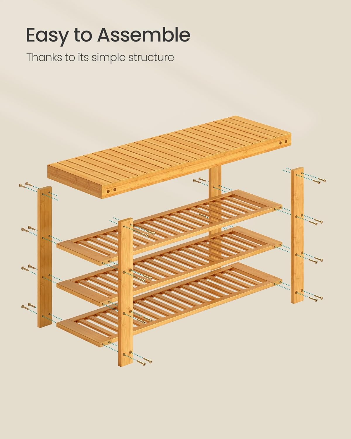 SONGMICS Shoe Rack Bench, 4 Tier Bamboo Shoe Storage Organizer, Entryway Bench, for Living Room, Bathroom, Bedroom, 11.3 x 35.2 x 20.5 Inches, Light Bamboo ULBS390YL01