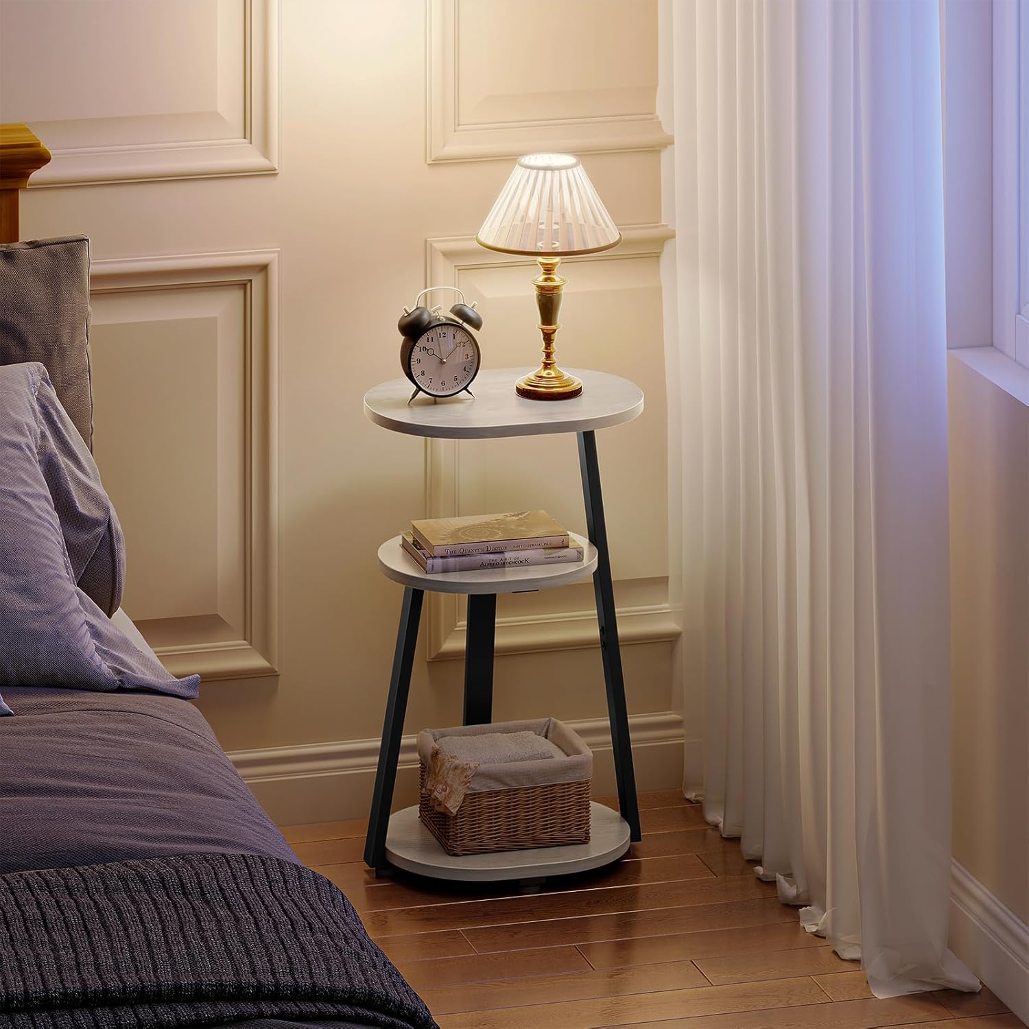 Kalrin Side Table, Small End Table with Metal Frame, 3-Tier Bedside Tables, Round Side Tables for Living Room Bedroom Couch Bathroom, Oval, White Maple
